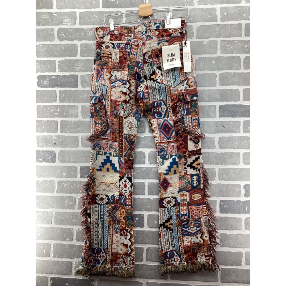 KDNK Mens Slim Flare Tapestry Cargo Pants Multi Color Frayed Fringe KNB3339 30 - Picture 6 of 9